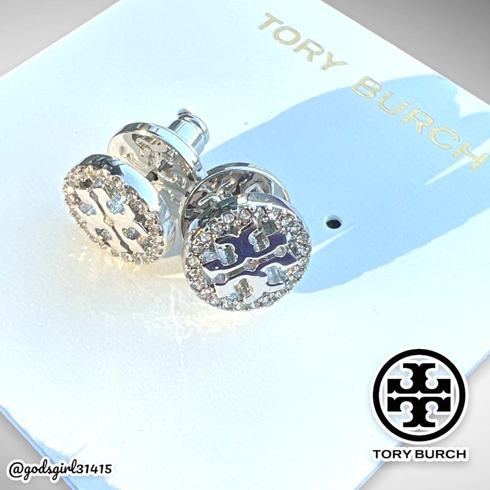 New Tory Burch Miller Pavé Logo Circle Stud Earrings Silver $98